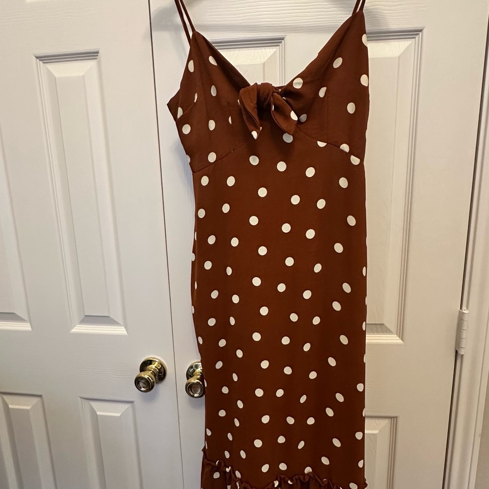 Monteau Brown and White Polka Dot Midi Dress | Pretty Woman inspired
